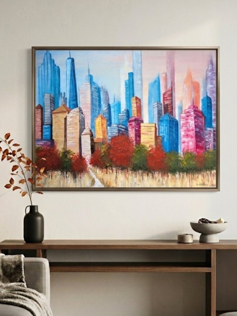 Original Colorful Acrylic Painting New York City Skyline From Central Park 30x24